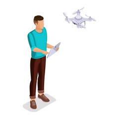 Trendy Isometric people and gadgets, teenagers, young people, students, hi tech technology, tablet, laptop, manage, play drone quadrocopter isolated