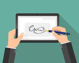 Modern handwritten digital signature on tablet. Vector illustration