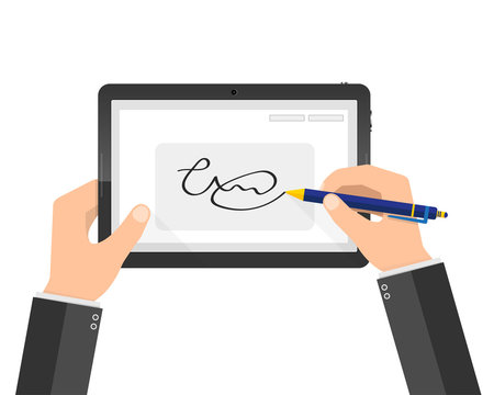 Modern Handwritten Digital Signature On Tablet. Vector Illustration