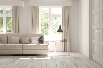 White room with sofa and green landscape in window. Scandinavian interior design. 3D illustration