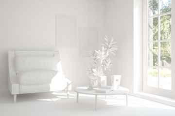 White room with armchair and green landscape in window. Scandinavian interior design. 3D illustration