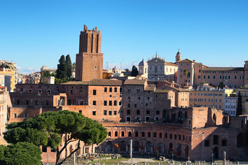 Fototapeta premium A panoramic view on Trajan's Market (Mercati Traianei) on the Via dei Fori Imperiali, in Rome, Italy