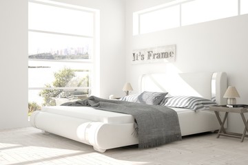 Fototapeta na wymiar White bedroom with green landscape in window. Scandinavian interior design. 3D illustration