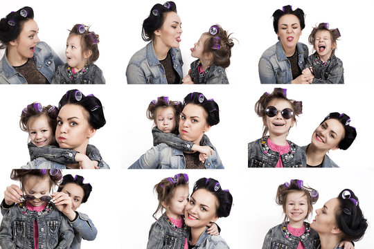 Collection of photos little girl and her mother in hair curlers