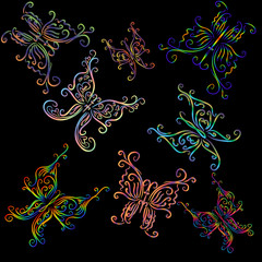 Eight contoured, iridescent butterflies