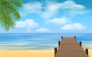 Bridge made of wooden planks on the sea beach.