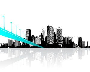 Fototapeta premium City with skyscrapers reflected in water.