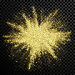 Gold glitter powder shining sparkles on vector transparent background