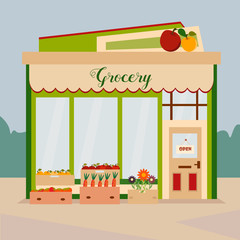 Illustration of the grocery, little shop with local food and vegetables