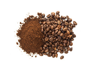 Ground and graind coffee pile over white isolated backgroud from top view