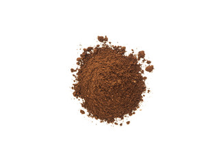 Ground coffee pile over white isolated backgroud from top view