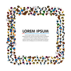 A group of people in a shape of frame banner, isolated on white background. Vector illustration