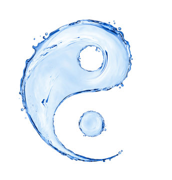 Sign of yin yang made with water splashes, isolated on white background