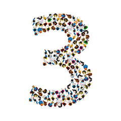 Large group of people in number 3 three form. People font. Vector illustration