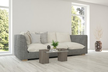 White room with sofa and green landscape in window. Scandinavian interior design. 3D illustration