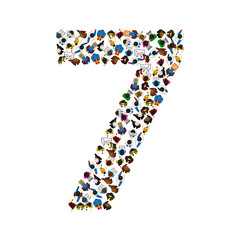 Large group of people in number 7 seven form. People font. Vector illustration