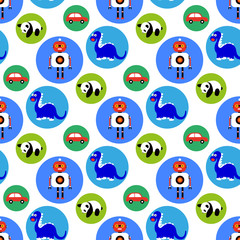 Seamless  toys pattern for kids. Cartoon toy background with dragon, robot, car and panda bear.