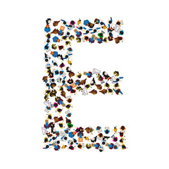 A group of people in the shape of English alphabet letter E on light background. Vector illustration.