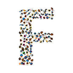 A group of people in the shape of English alphabet letter F on light background. Vector illustration.