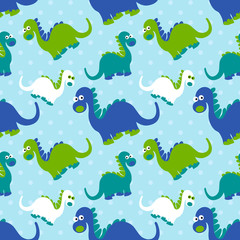 Naklejka premium Cute dinosaur seamless pattern. Adorable cartoon dinosaurs background. Colorful kids pattern for girls and boys. Vector texture in childish style for fabric, wallpapers, cards and designs.