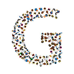 A group of people in the shape of English alphabet letter G on light background. Vector illustration.