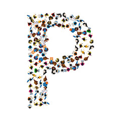A group of people in the shape of English alphabet letter P on light background. Vector illustration.