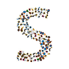 A group of people in the shape of English alphabet letter S on light background. Vector illustration.