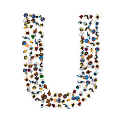 A group of people in the shape of English alphabet letter U on light background. Vector illustration.