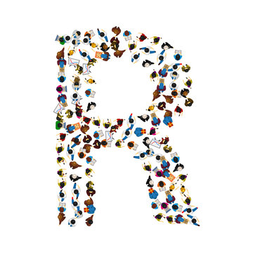 A group of people in the shape of English alphabet letter R on light background. Vector illustration.