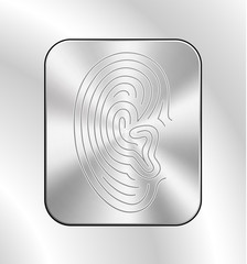  Ear lines icon. Chrome button. Sound badge, phone sign, eavesdrop...