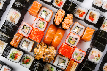 Set of sushi, maki and rolls isolated on white background