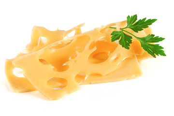 cheese slice with leaf parsley isolated on white background cutout