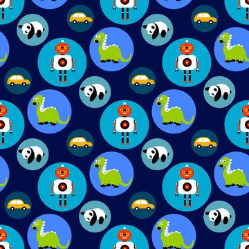 Seamless  toys pattern for kids. Cartoon toy background with dragon, robot, car and panda bear.