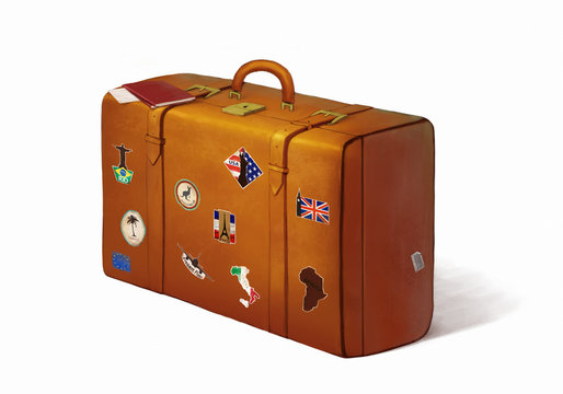 Digital Painting Of A Suitcase Full Of Travel Stickers