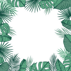 Fototapeta na wymiar Hand drawn vector illustration - frame with Palm leaves and aloha lettering. Tropical design elements. Perfect for prints, posters, invitations etc