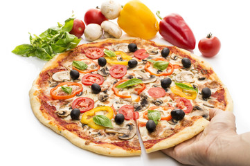 Pizza with ham, pepper and olives