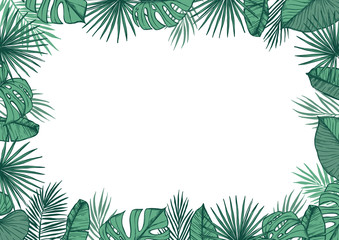 Fototapeta na wymiar Hand drawn vector illustration - frame with Palm leaves and aloha lettering. Tropical design elements. Perfect for prints, posters, invitations etc