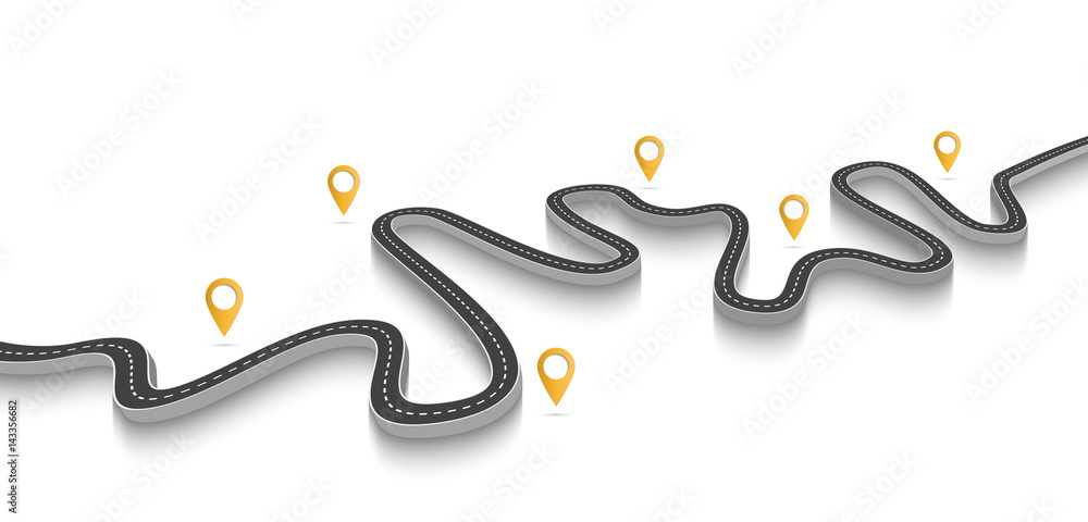 Poster winding road on a white isolated background. road way location infographic template with pin pointer