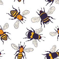 Vector bees set - seamless pattern. Hand drawn ink sketch with bumblebee insect. Wild animal drawing