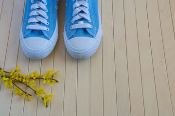 Blue sneakers with spring yellow flowers on the wooden background