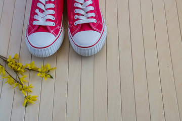 Red sneakers with spring yellow flowers on the wooden background
