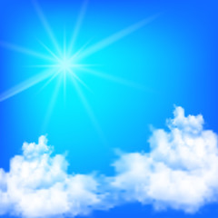 Naklejka na ściany i meble Blue sky with white, fluffy clouds. Vector background
