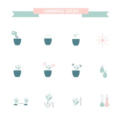 Flat icons of farming cultivation of seeds and plants, blue and pink on white stock vector illustration