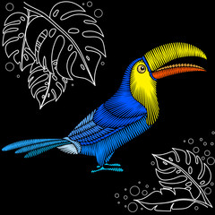 Embroidery design with toucan bird. Natural artwork for clothing, patches and stickers. Decorative fancywork elements and fabric textile print. © CraftyKittyArt