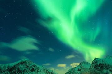 Picturesque Unique Nothern Lights Aurora Borealis Over Lofoten Islands in Nothern Part of Norway.