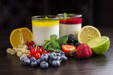 panna cotta dessert in a glass container and fruit