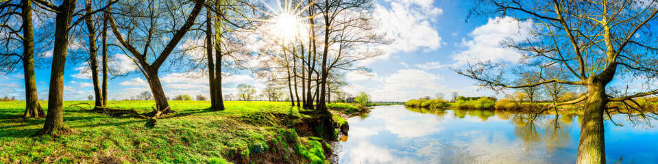 Landschaft im Frühling mit Bäumen und Wiesen am Fluss