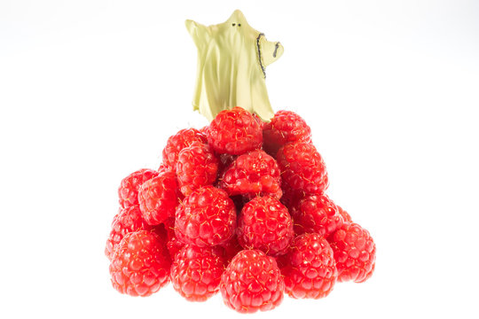 Himbeergeist spukt auf einem Berg aus Himbeeren