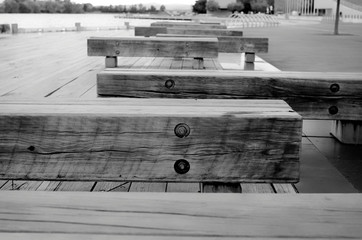 Wooden benches in black and white
