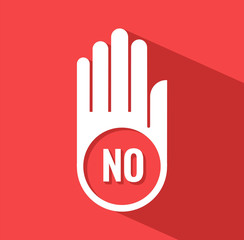 Hand icon with the word NO. Red stop sign. Vector flat illustration with long shadow